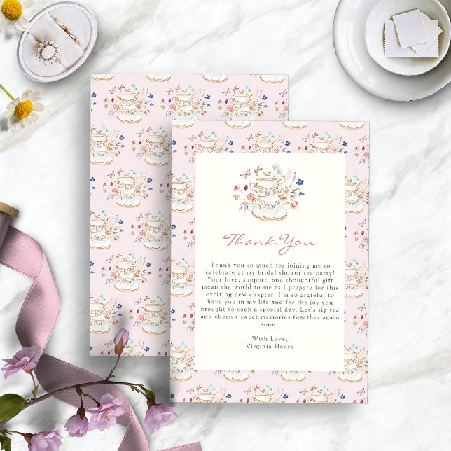 Pink Tea Party Bridal Shower Thank You Card (Pink Floral Tea Party Bridal Shower Thank You Card by Painted Paperie
)