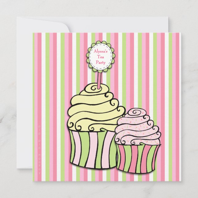 Pink Tea Party Cupcake Striped Party Invite (Front)