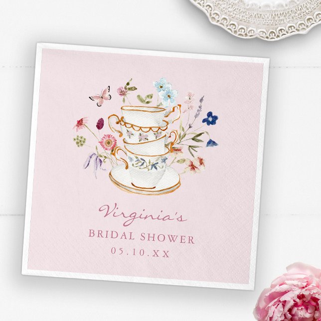 Pink Tea Party Paper Plate Napkin (Pink Tea Party Paper Napkins with Butterfly by Painted Paperie
)