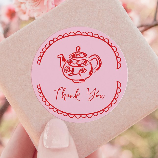 Pink Tea Party Tea Pot Doodle Thank You Favour Classic Round Sticker (pink and red hand-drawn scribble bridal shower thank you favour sticker)