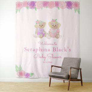 Pink Tea Party Teddy Bear Baby Shower Backdrop Tapestry