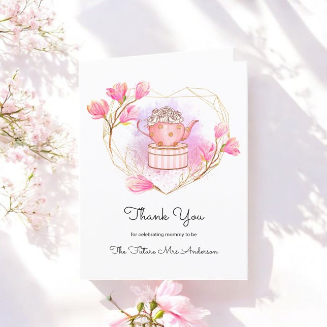 Pink Tea Party Thank You Rose Gold White Card (Creator Uploaded)