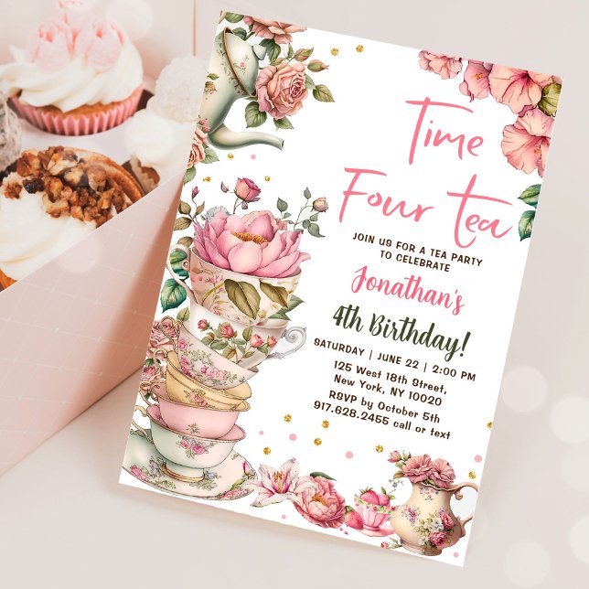 Pink Tea Party Time Four Tea Birthday Invitation (Creator Uploaded)