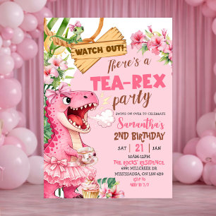 Pink Tea Rex On The Loose Girl Birthday Invitation