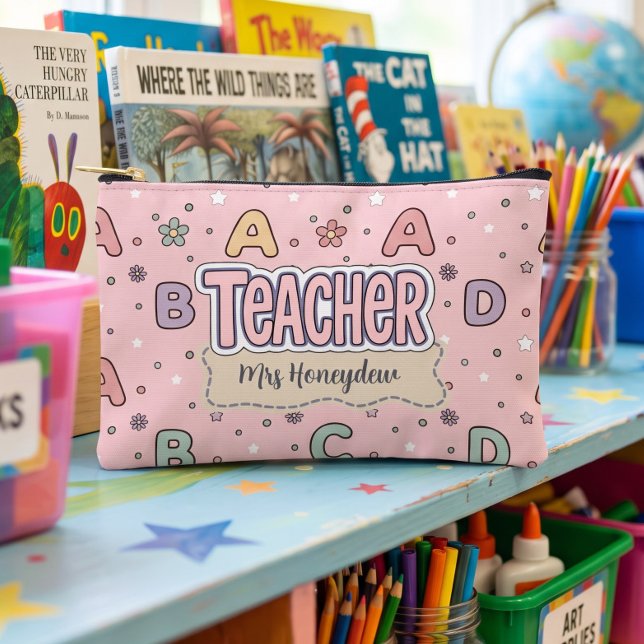 Pink Teacher Appreciation School Letters Pattern  Accessory Pouch (Creator Uploaded)