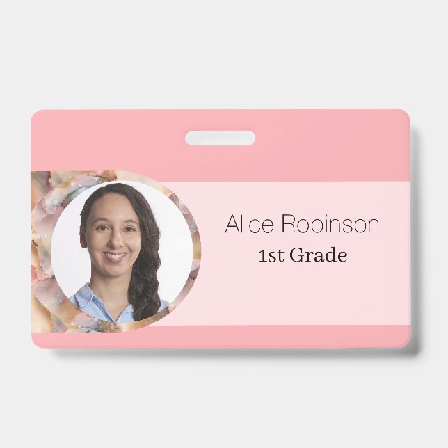 Pink Teacher Modern Stylish Employee ID Badge (Front)