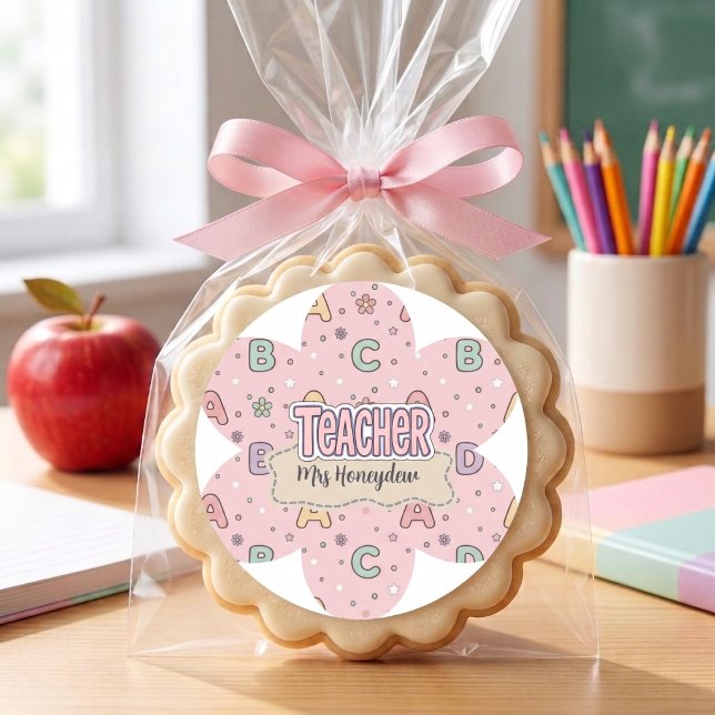 Pink Teacher School Letters Pattern  Classic Round Sticker (Creator Uploaded)
