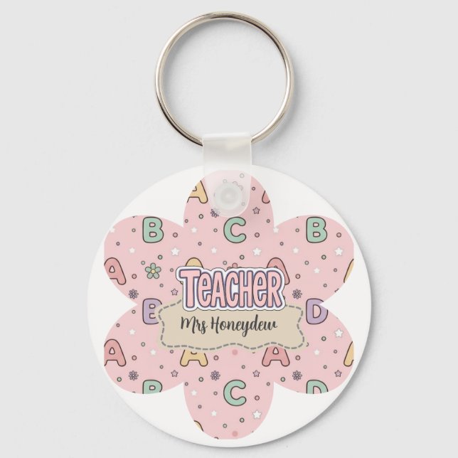Pink Teacher School Letters Pattern  Key Ring (Front)