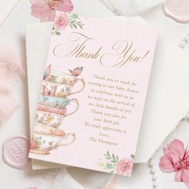 Pink Teacups Floral Tea Party Baby Shower Thank You Card (Creator Uploaded)