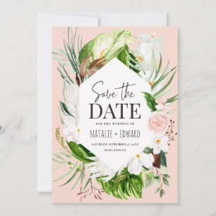 Pink, teal and orchid tropical floral save the date