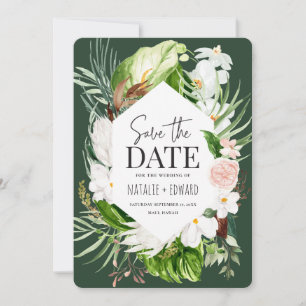 Pink, teal and orchid tropical floral save the date