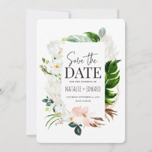 Pink, teal and orchid tropical floral save the date