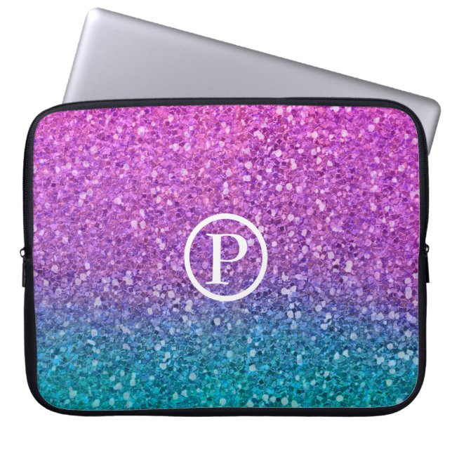 Pink Teal Aqua Blue & Purple Sparkly Glitter Laptop Sleeve (Front)