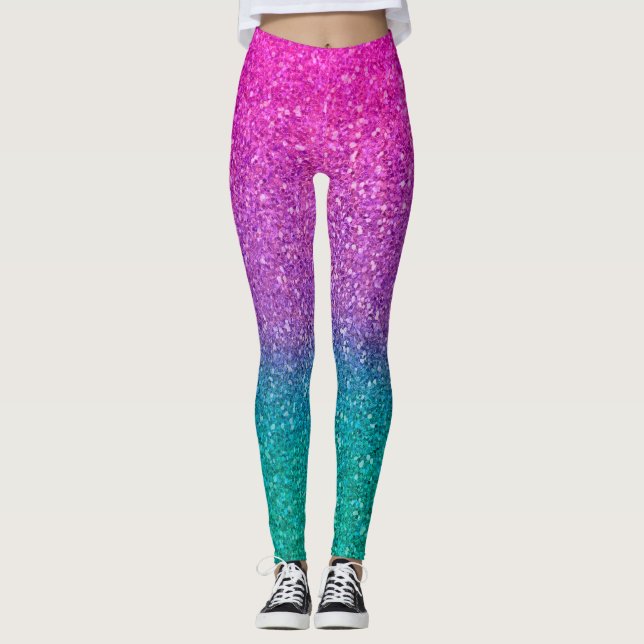 Pink Teal Aqua Blue & Purple Sparkly Glitter Leggings (Front)