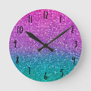 Pink Teal Aqua Blue & Purple Sparkly Glitter Round Clock