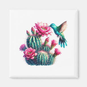 Pink Teal Aqua Cactus Bloom Hummingbird For Women Magnet