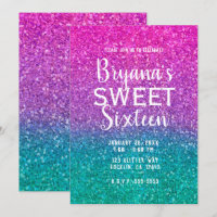 Pink Teal Aqua & Purple Sparkly Glitter Sweet 16