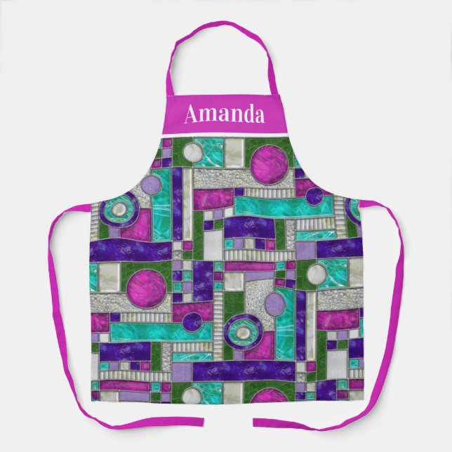 Pink Teal Art Deco Stained Glass Apron (Front)