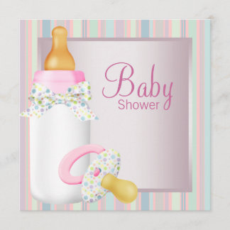 Pink Teal Baby Bottle Pacifier Baby Girl Shower Invitation
