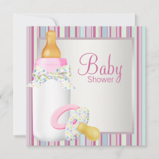 Pink Teal Baby Bottle Pacifier Baby Girl Shower Invitation