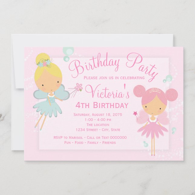 Pink Teal Blue Fairy Princess Girl Birthday Party Invitation (Front)