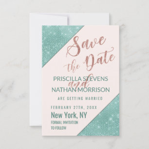 Pink Teal Blue Faux Glitter Sequin Save the Date