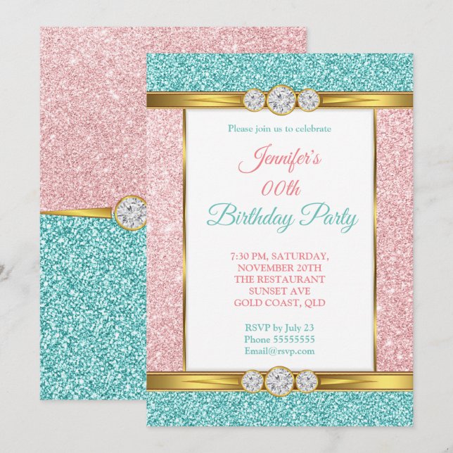 Pink Teal Blue Gold Glitter Diamond Birthday Party Invitation (Front/Back)