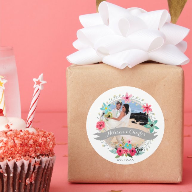 Pink Teal Blue Grey Personalise Your Wedding Photo Classic Round Sticker (Party)