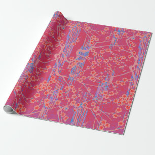 PINK TEAL BLUE SAKURA FLOWERS Japanese Floral  Wrapping Paper