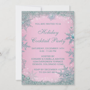 Pink Teal Blue Snowflake Christmas Party Invitation
