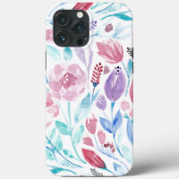 Pink Teal Blue Spring Watercolor Flowers