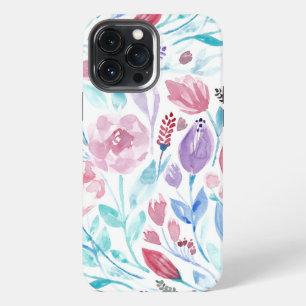 Pink Teal Blue Spring Watercolor Flowers iPhone 13 Pro Max Case