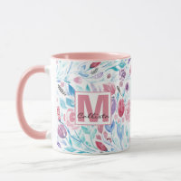 Pink Teal Blue Spring Watercolor Flowers Monogram