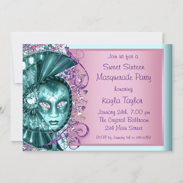 Pink Teal Blue Sweet Sixteen Masquerade Party Invitation (Front)