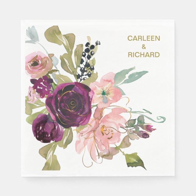 Pink Teal Burgundy Floral Wedding Napkin (Front)