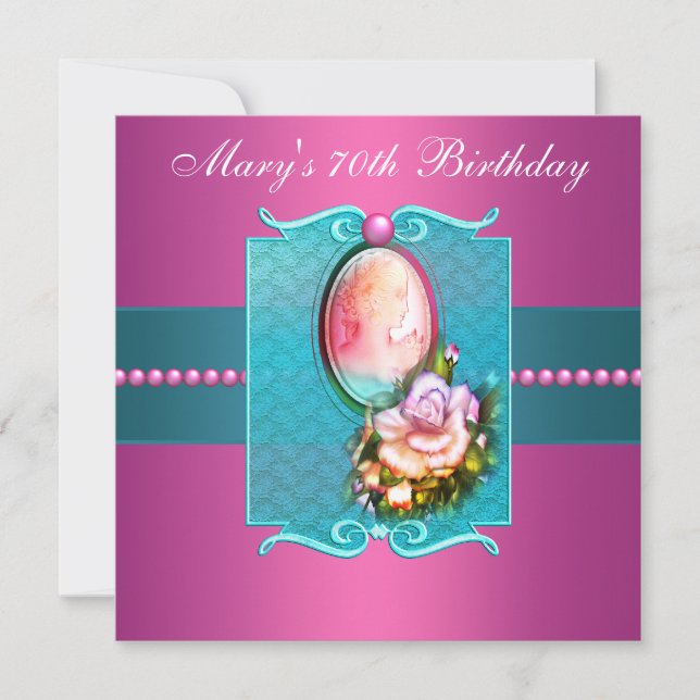 Pink Teal Cameo Rose Womans 70th Birthday Party Invitation (Front)