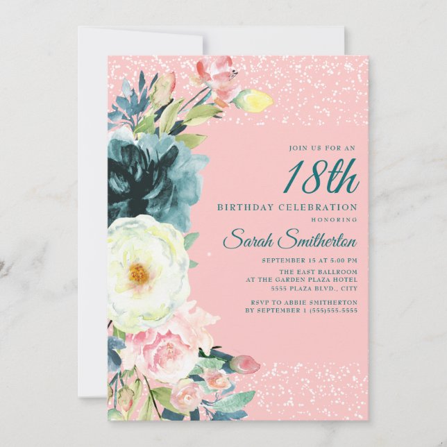 Pink Teal Cream Floral 18th Birthday Invitation (Front)