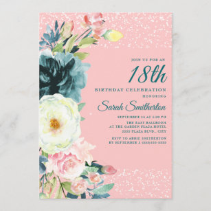 Pink Teal Cream Floral 18th Birthday Invitation