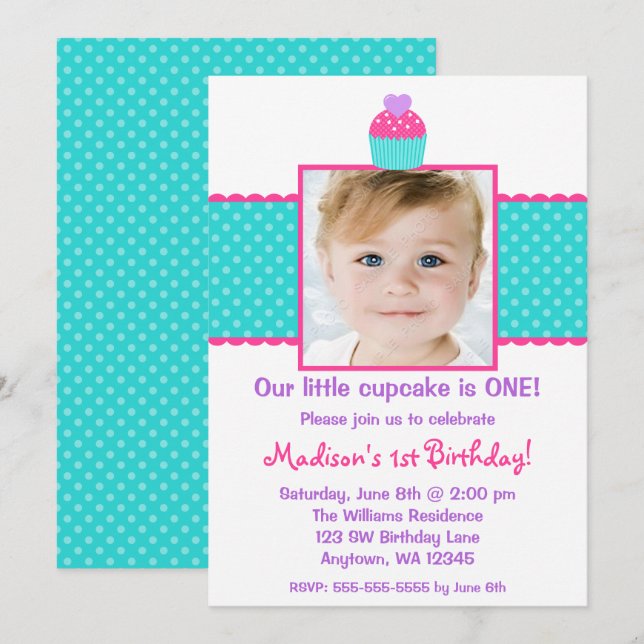 Pink Teal Cupcake 1st Birthday Girl Photo Invitation (Front/Back)