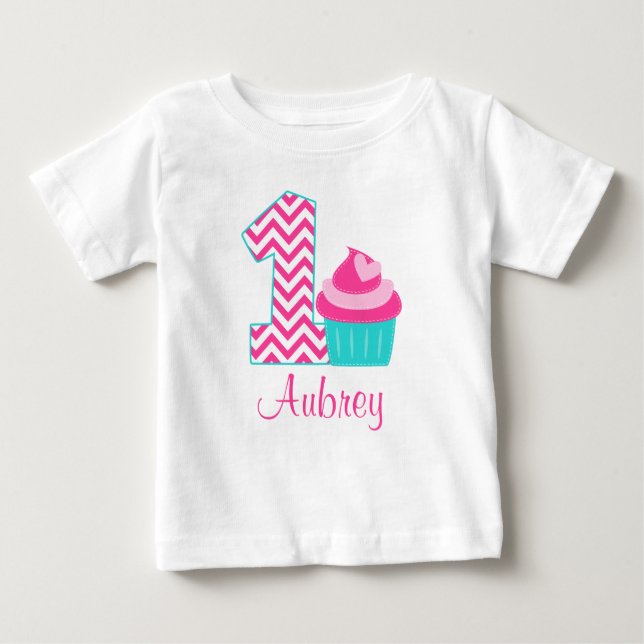 Pink Teal Cupcake 1st Birthday Personalised Baby T-Shirt (Front)