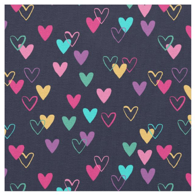 Pink Teal Dark Blue Heart Doodles Fabric (Close Up)