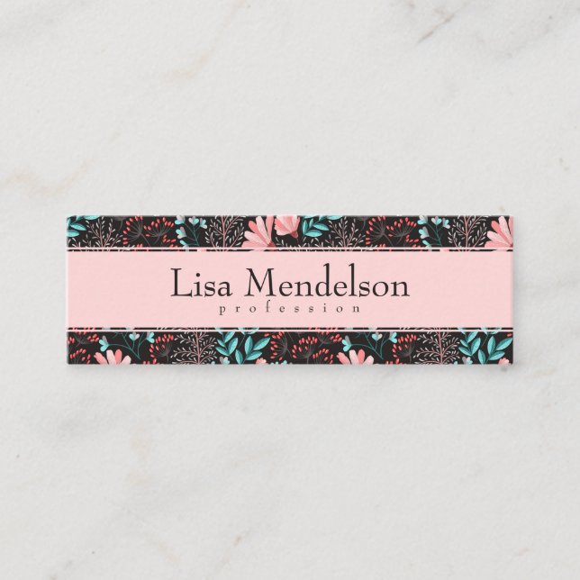Pink & Teal Dark Floral Pattern Business Mini Business Card (Front)
