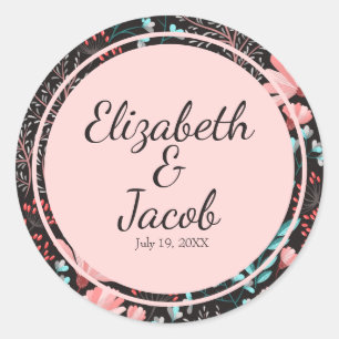 Pink & Teal Dark Floral Pattern Classic Round Sticker