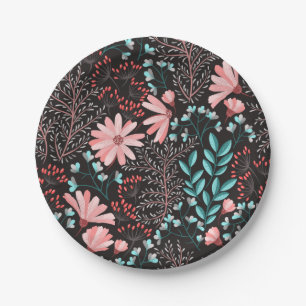 Pink & Teal Dark Floral Pattern Paper Plate