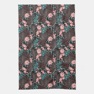 Pink & Teal Dark Floral Pattern Tea Towel