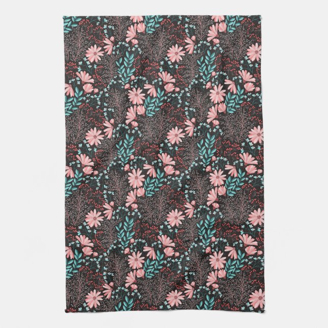 Pink & Teal Dark Floral Pattern Tea Towel (Vertical)