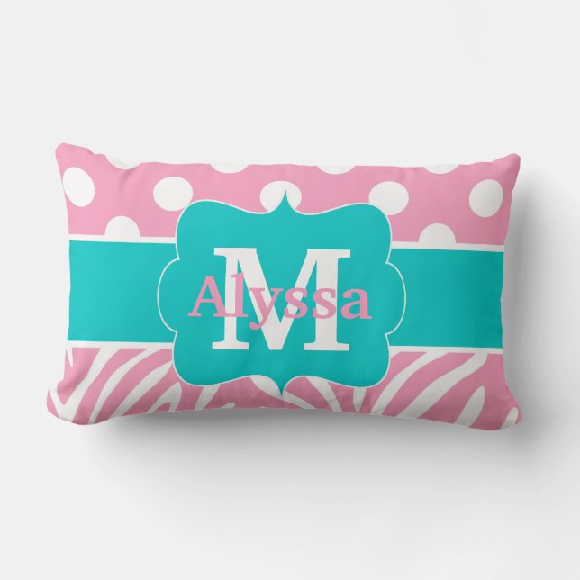 Pink Teal Dots Zebra Personalised Lumbar Cushion (Front)