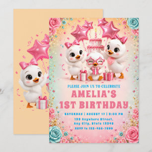 Pink Teal Duckling First Birthday Invitation