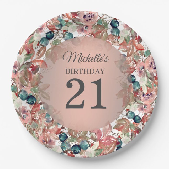 Pink Teal Floral 21st Birthday Paper Plate (Front)