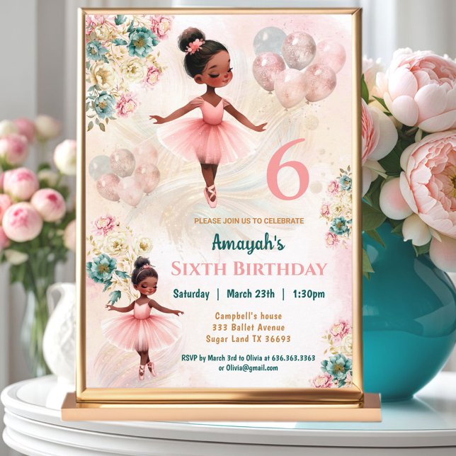 Pink Teal Floral Dark Skin Ballerina Girl Birthday Invitation (Pink Teal Floral Dark Skin Ballerina Girl Birthday Invitation)